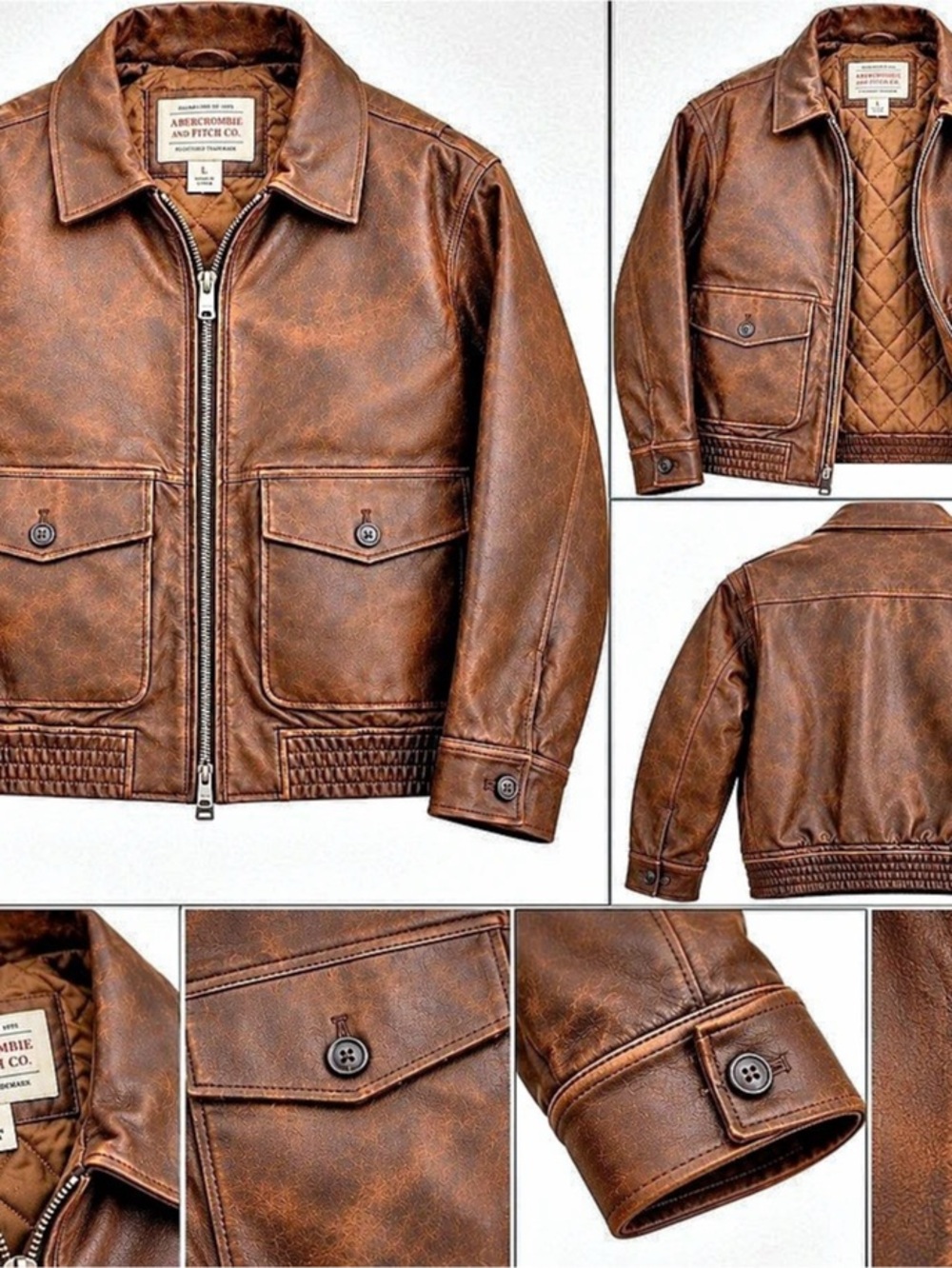 Abercrombie & Fitch Vintage-Inspired Vegan Leather Bomber Jacket Brown